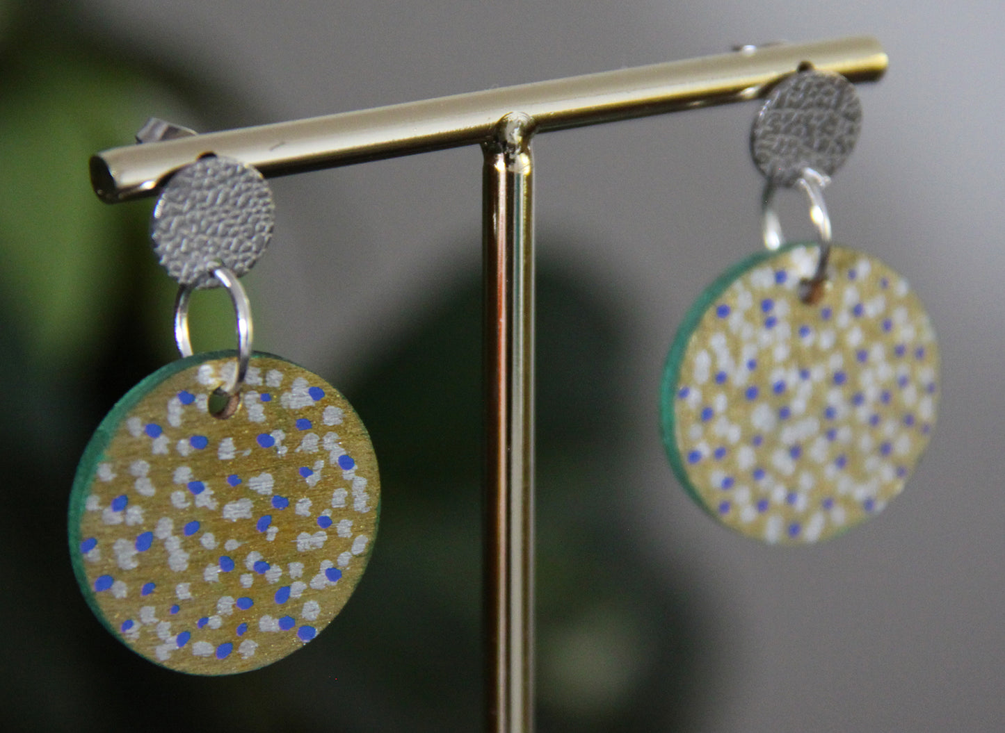 Gold with Silver and Blue Polka Dots Circular Earrings