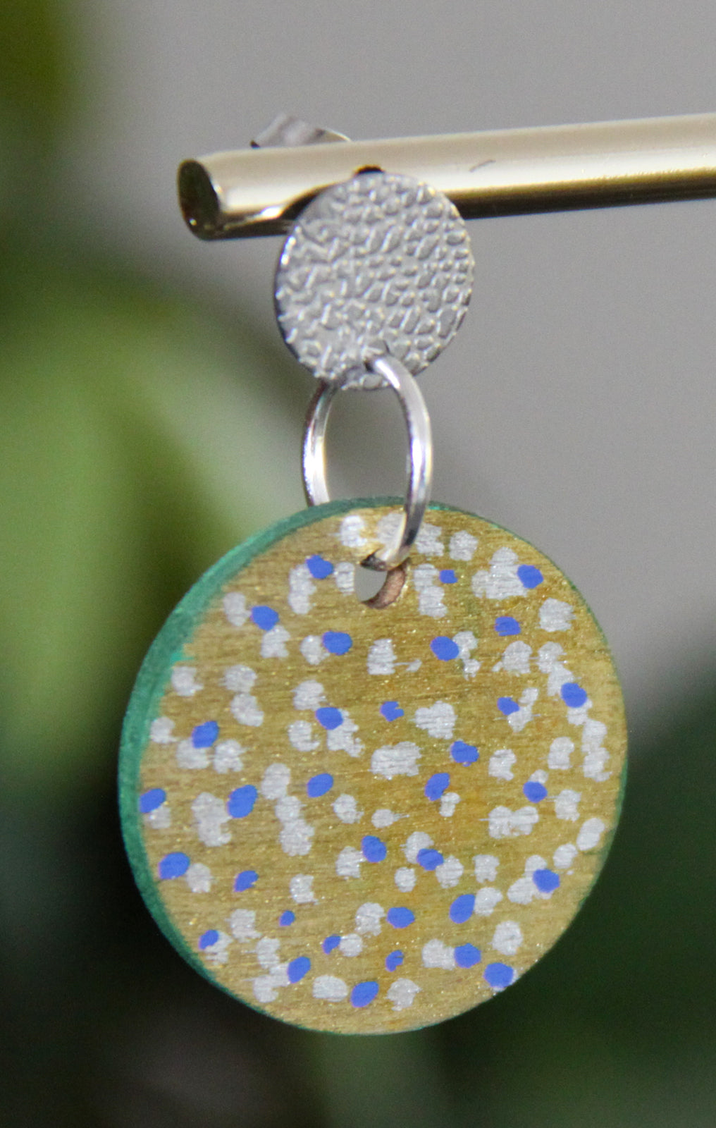 Gold with Silver and Blue Polka Dots Circular Earrings