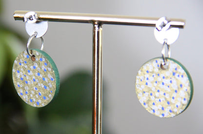 Gold with Silver and Blue Polka Dots Circular Earrings