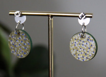 Gold with Silver and Blue Polka Dots Circular Earrings