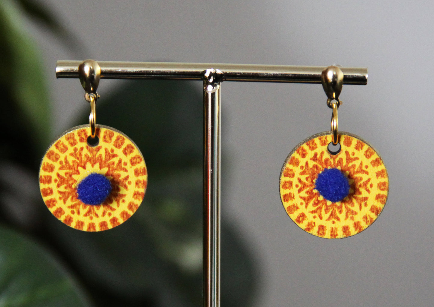 Yellow and Orange Geometrical Design with Pom-pom Circular Earrings