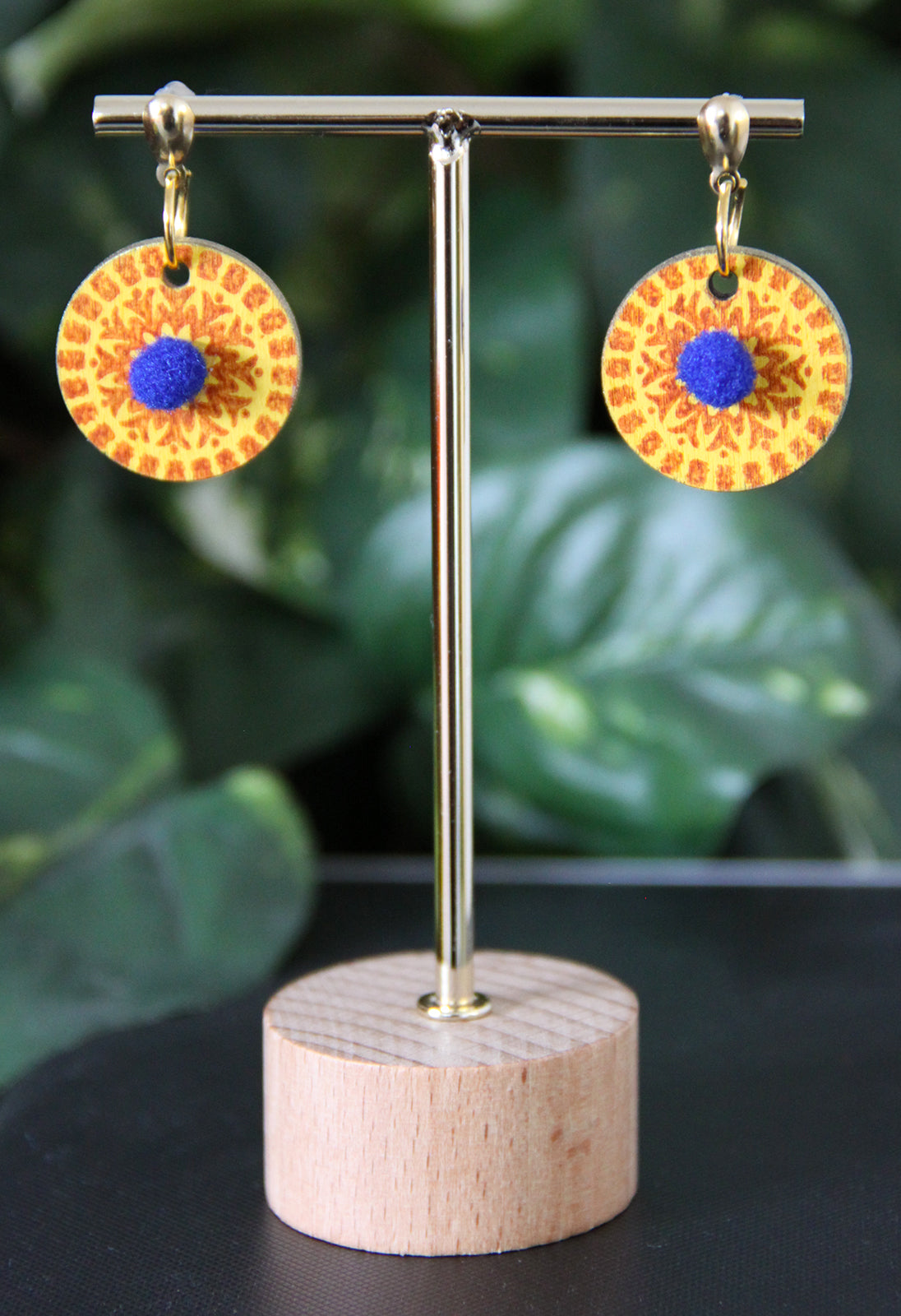 Yellow and Orange Geometrical Design with Pom-pom Circular Earrings