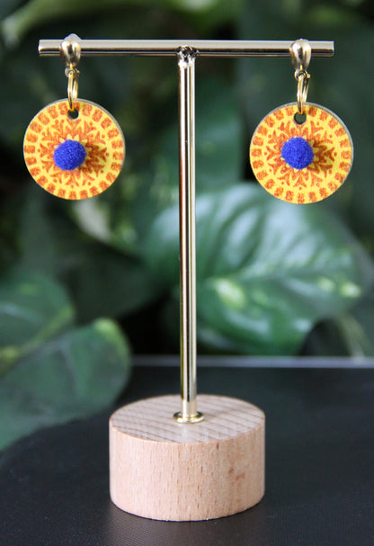 Yellow and Orange Geometrical Design with Pom-pom Circular Earrings