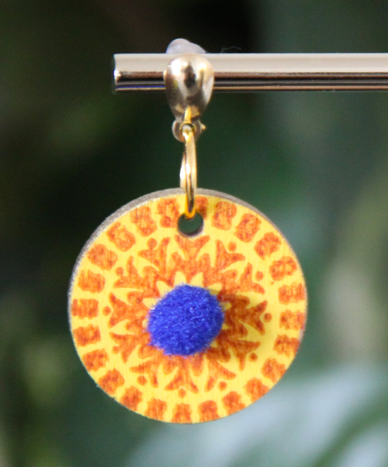 Yellow and Orange Geometrical Design with Pom-pom Circular Earrings