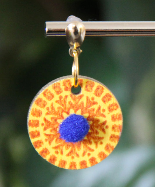 Yellow and Orange Geometrical Design with Pom-pom Circular Earrings