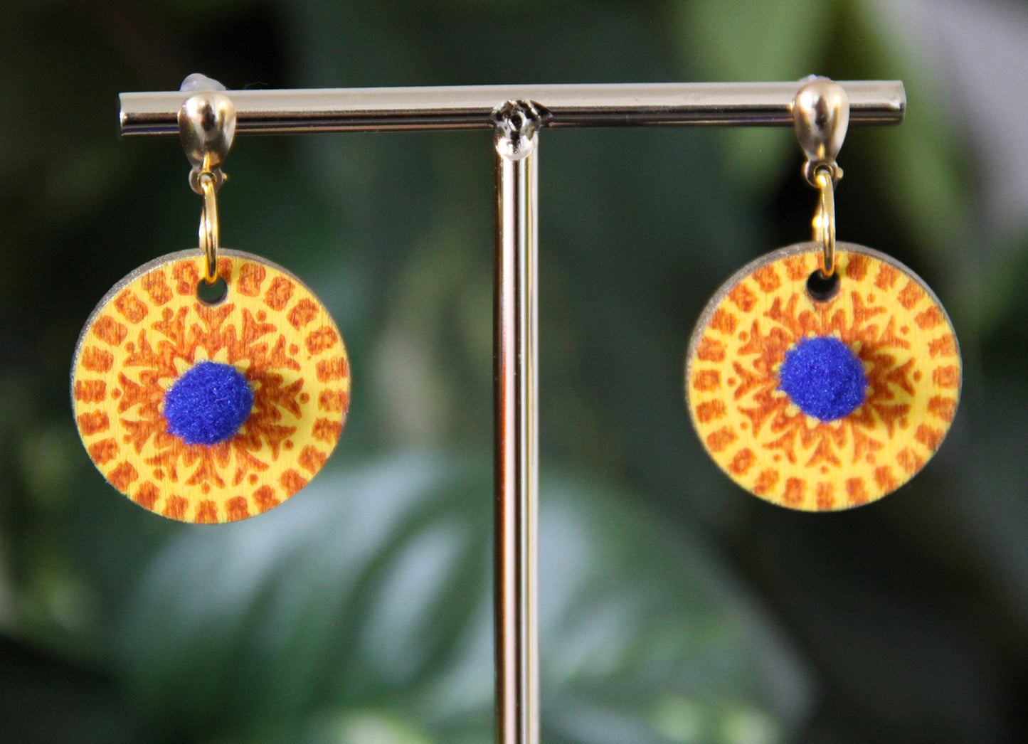 Yellow and Orange Geometrical Design with Pom-pom Circular Earrings