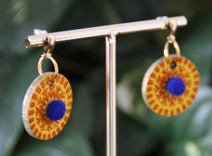 Yellow and Orange Geometrical Design with Pom-pom Circular Earrings
