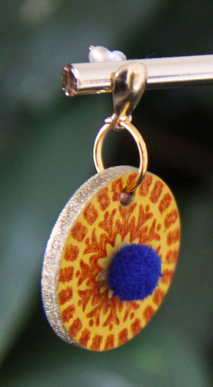 Yellow and Orange Geometrical Design with Pom-pom Circular Earrings