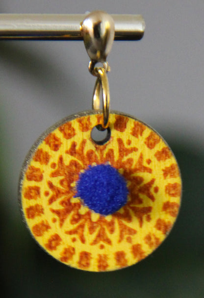 Yellow and Orange Geometrical Design with Pom-pom Circular Earrings