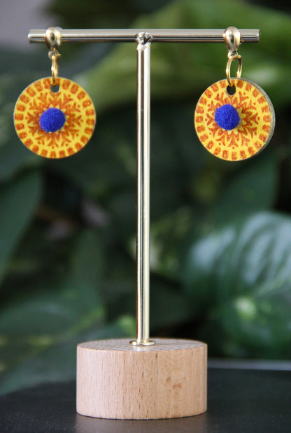 Yellow and Orange Geometrical Design with Pom-pom Circular Earrings