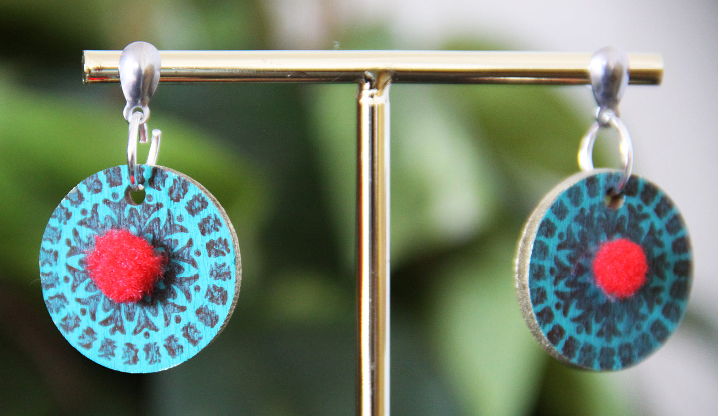 Teal and Red Geometrical Design with Pom-pom Circular Earrings