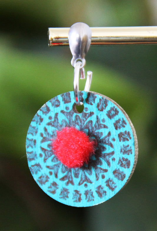 Teal and Red Geometrical Design with Pom-pom Circular Earrings