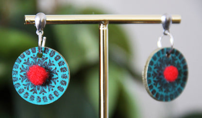 Teal and Red Geometrical Design with Pom-pom Circular Earrings
