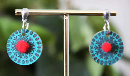 Teal and Red Geometrical Design with Pom-pom Circular Earrings