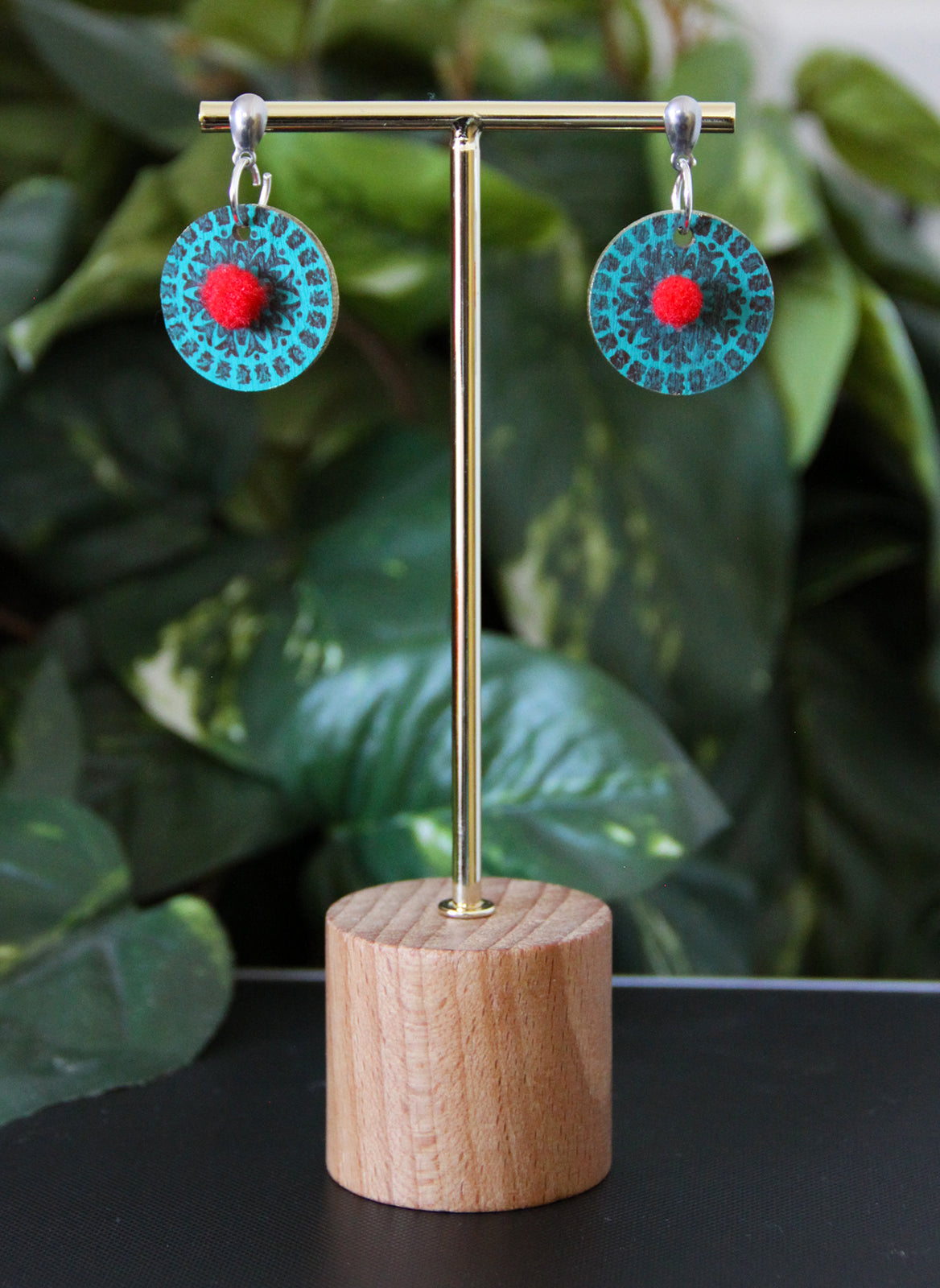 Teal and Red Geometrical Design with Pom-pom Circular Earrings