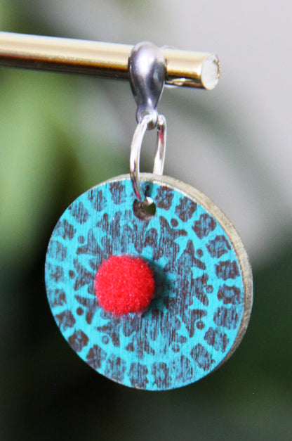 Teal and Red Geometrical Design with Pom-pom Circular Earrings