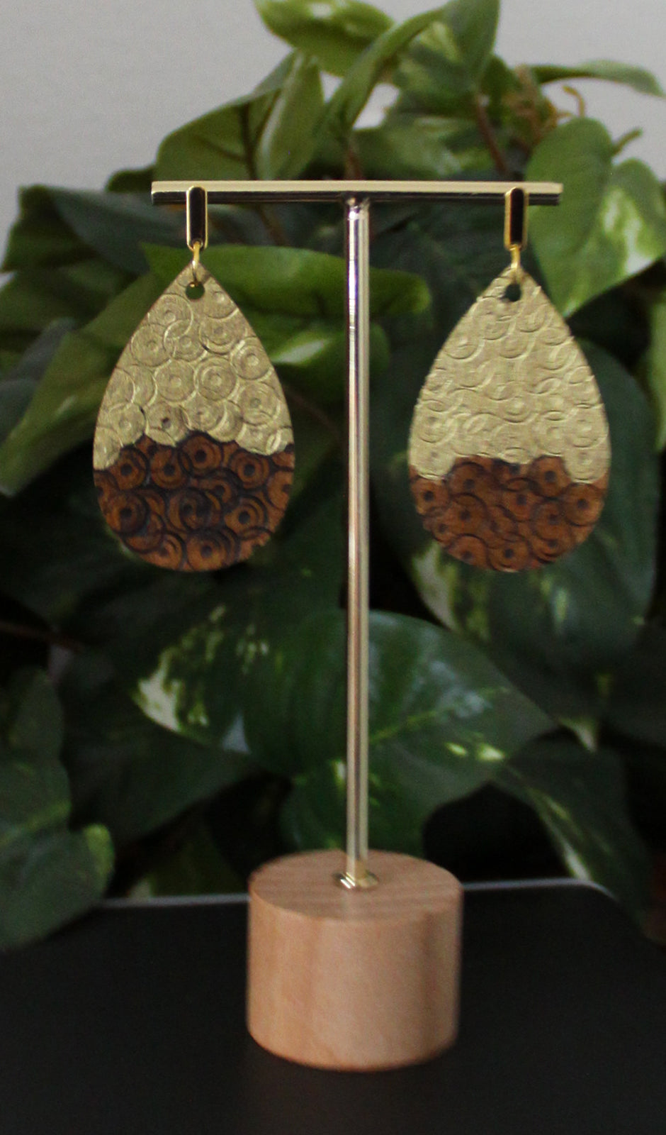 Rustic Textured Gold Brown Black Wood Teardrop Earrings