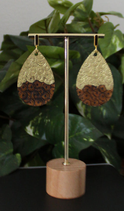 Rustic Textured Gold Brown Black Wood Teardrop Earrings