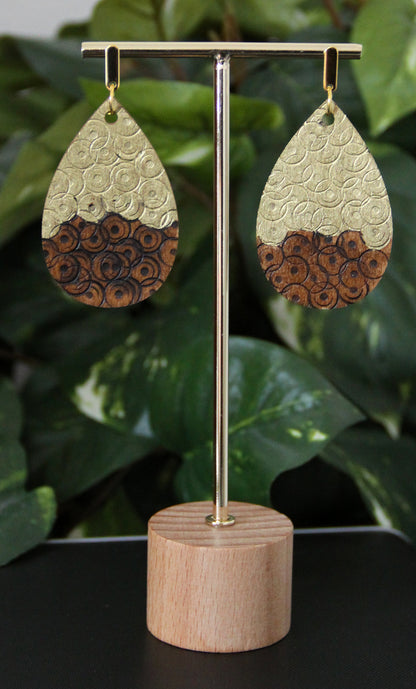 Rustic Textured Gold Brown Black Wood Teardrop Earrings