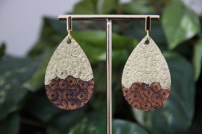 Rustic Textured Gold Brown Black Wood Teardrop Earrings