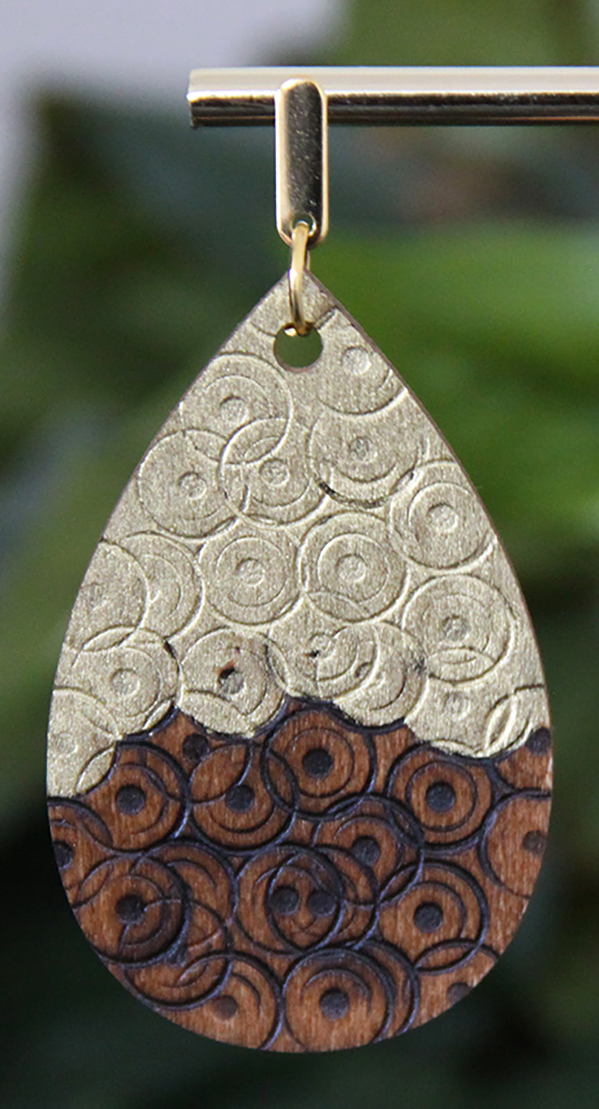 Rustic Textured Gold Brown Black Wood Teardrop Earrings