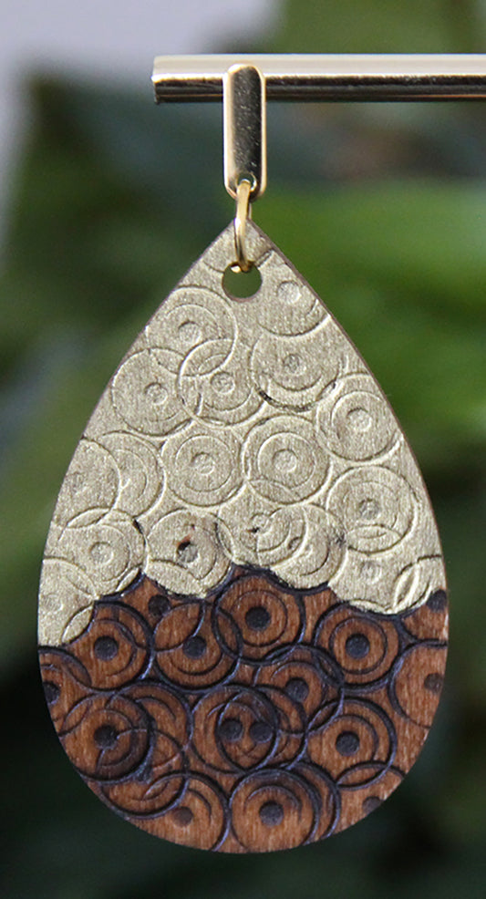 Rustic Textured Gold Brown Black Wood Teardrop Earrings