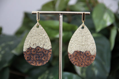 Rustic Textured Gold Brown Black Wood Teardrop Earrings
