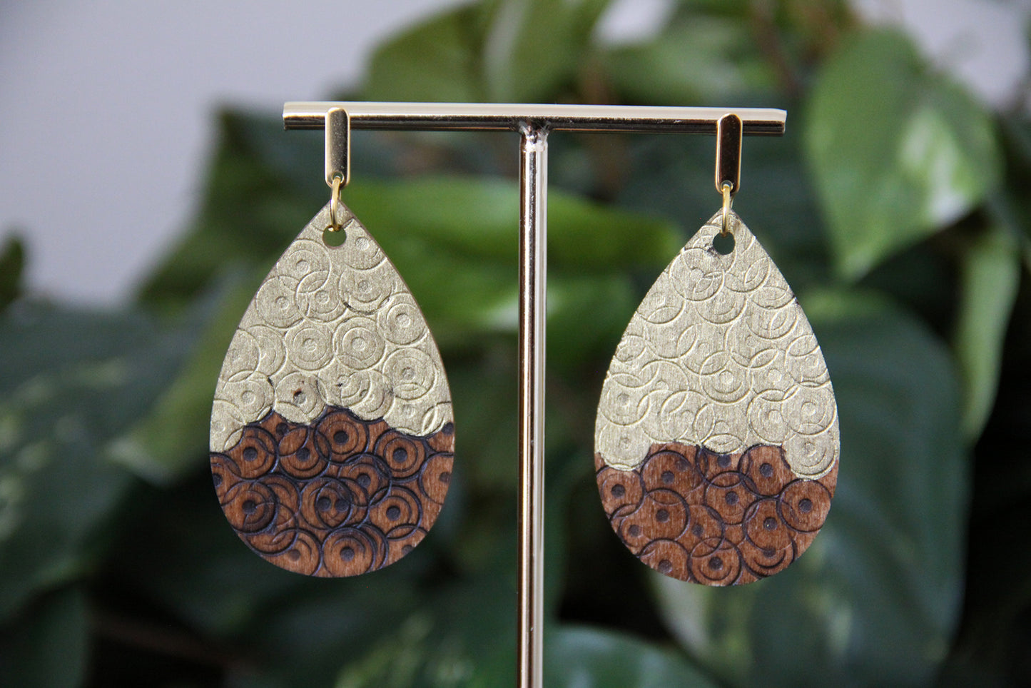 Rustic Textured Gold Brown Black Wood Teardrop Earrings