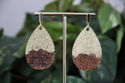 Rustic Textured Gold Brown Black Wood Teardrop Earrings
