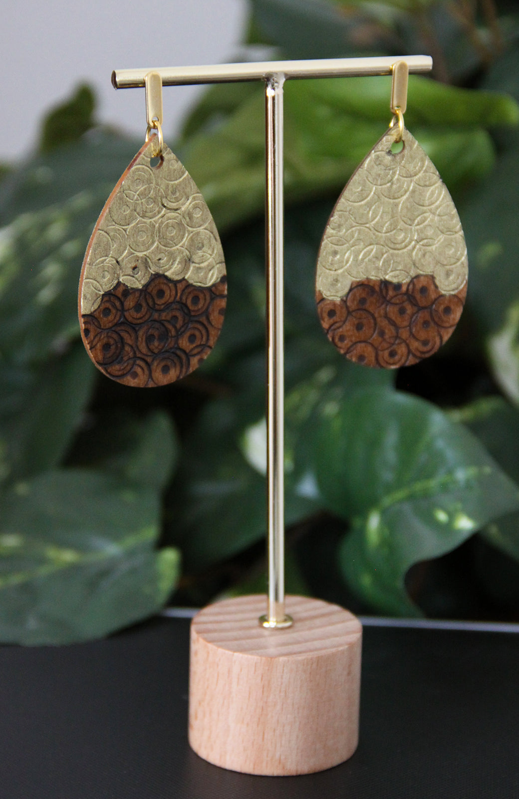 Rustic Textured Gold Brown Black Wood Teardrop Earrings