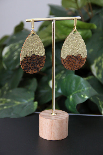 Rustic Textured Gold Brown Black Wood Teardrop Earrings