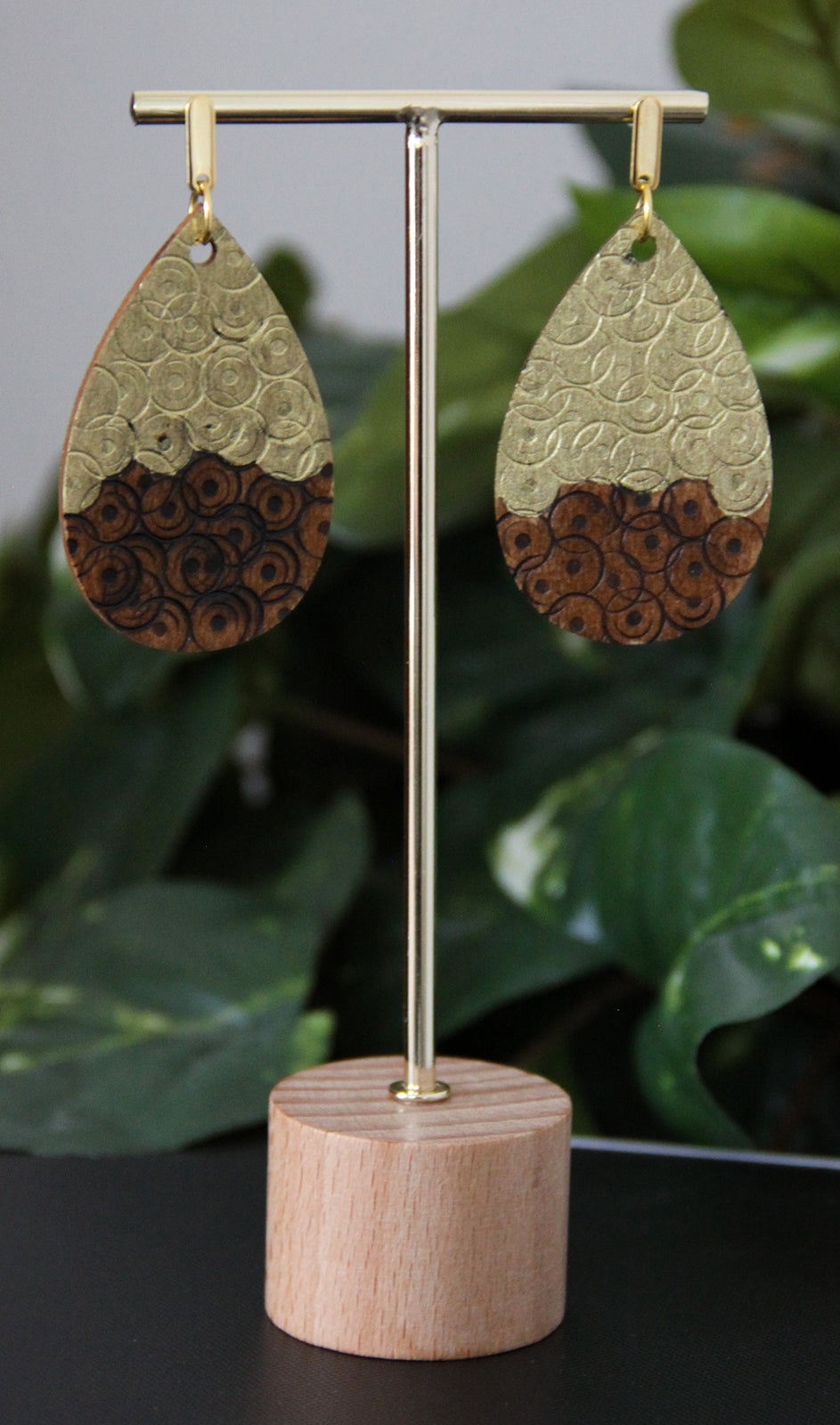 Rustic Textured Gold Brown Black Wood Teardrop Earrings