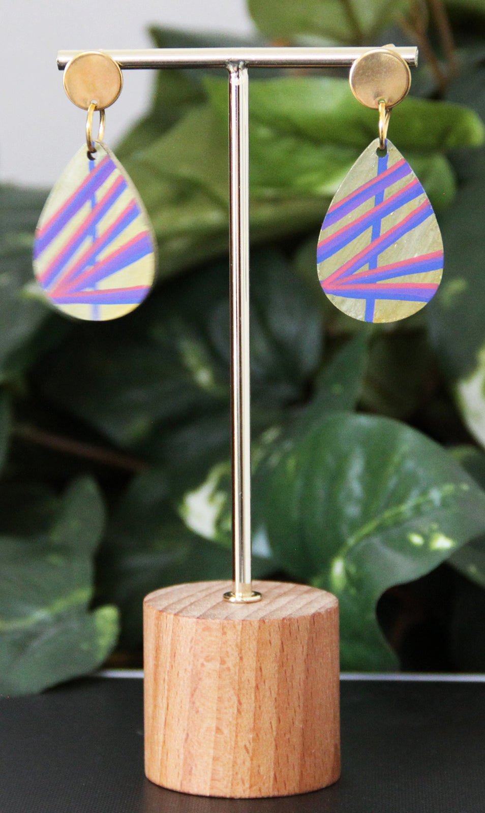 Gold with Purple and Red Linear Design Small Teardrop Earrings