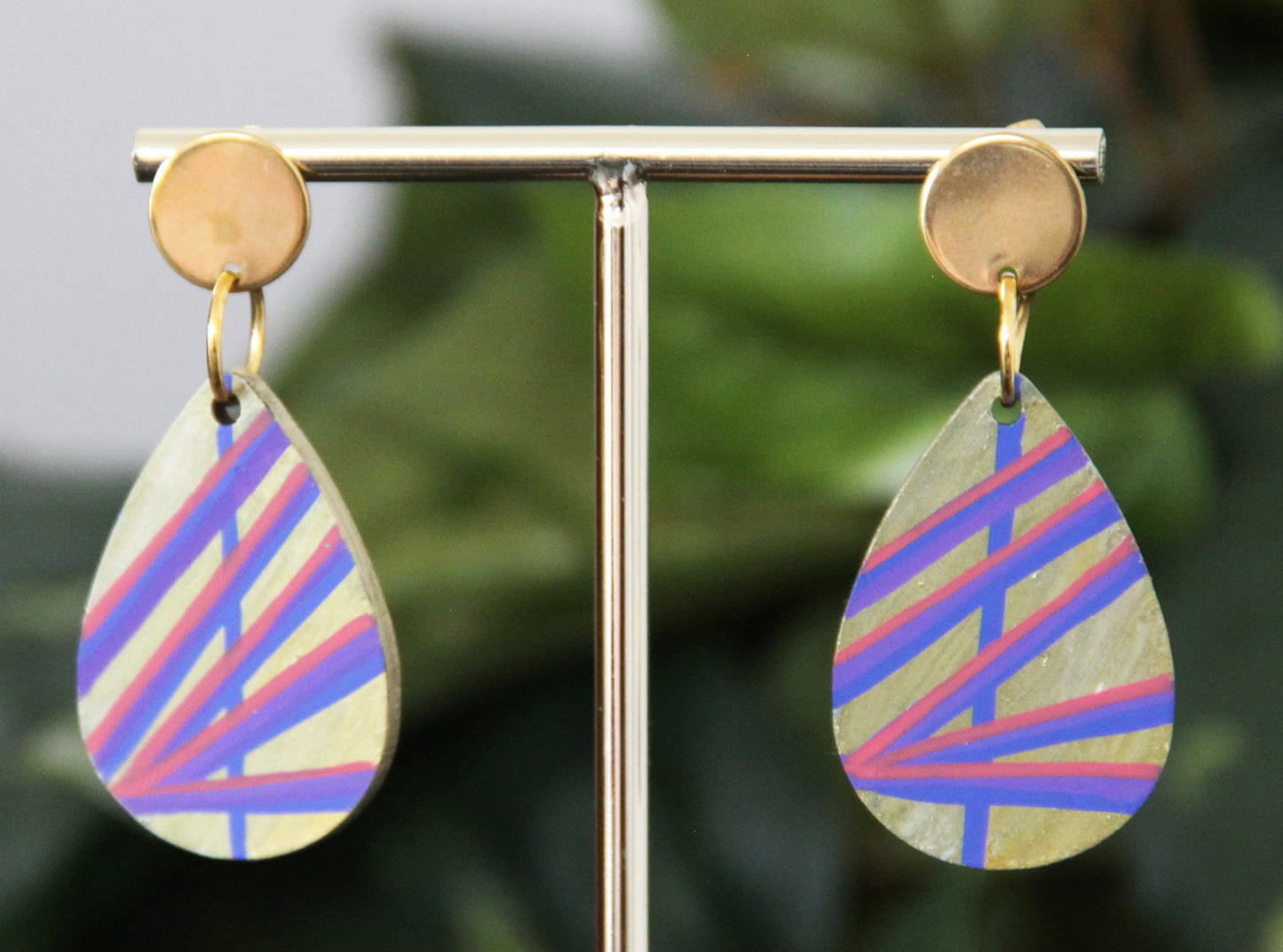 Gold with Purple and Red Linear Design Small Teardrop Earrings