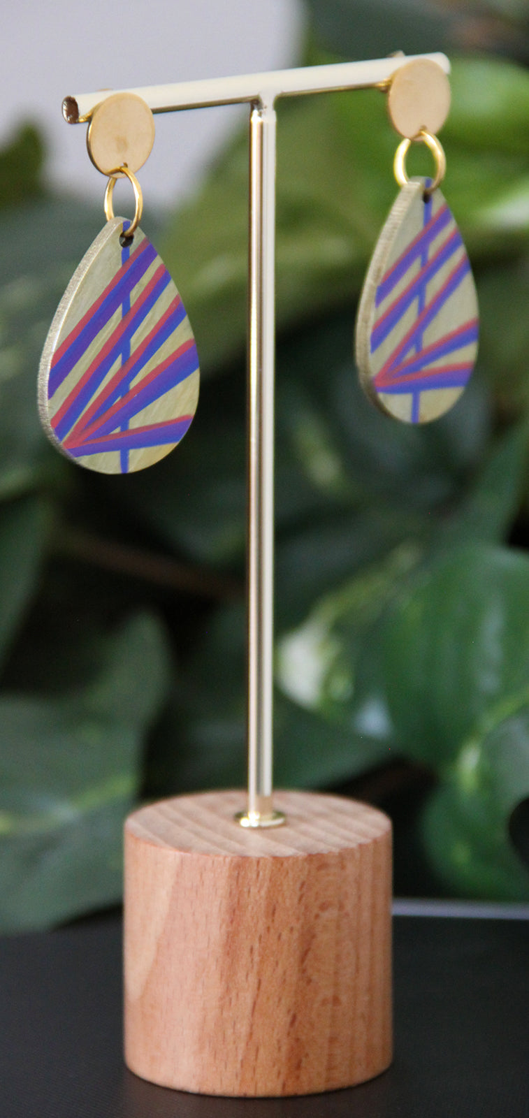 Gold with Purple and Red Linear Design Small Teardrop Earrings