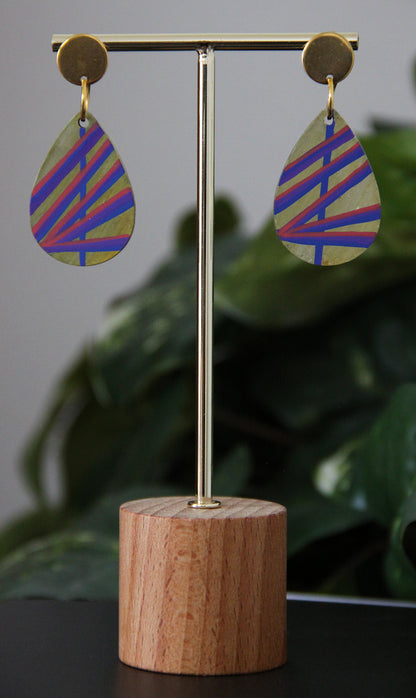 Gold with Purple and Red Linear Design Small Teardrop Earrings