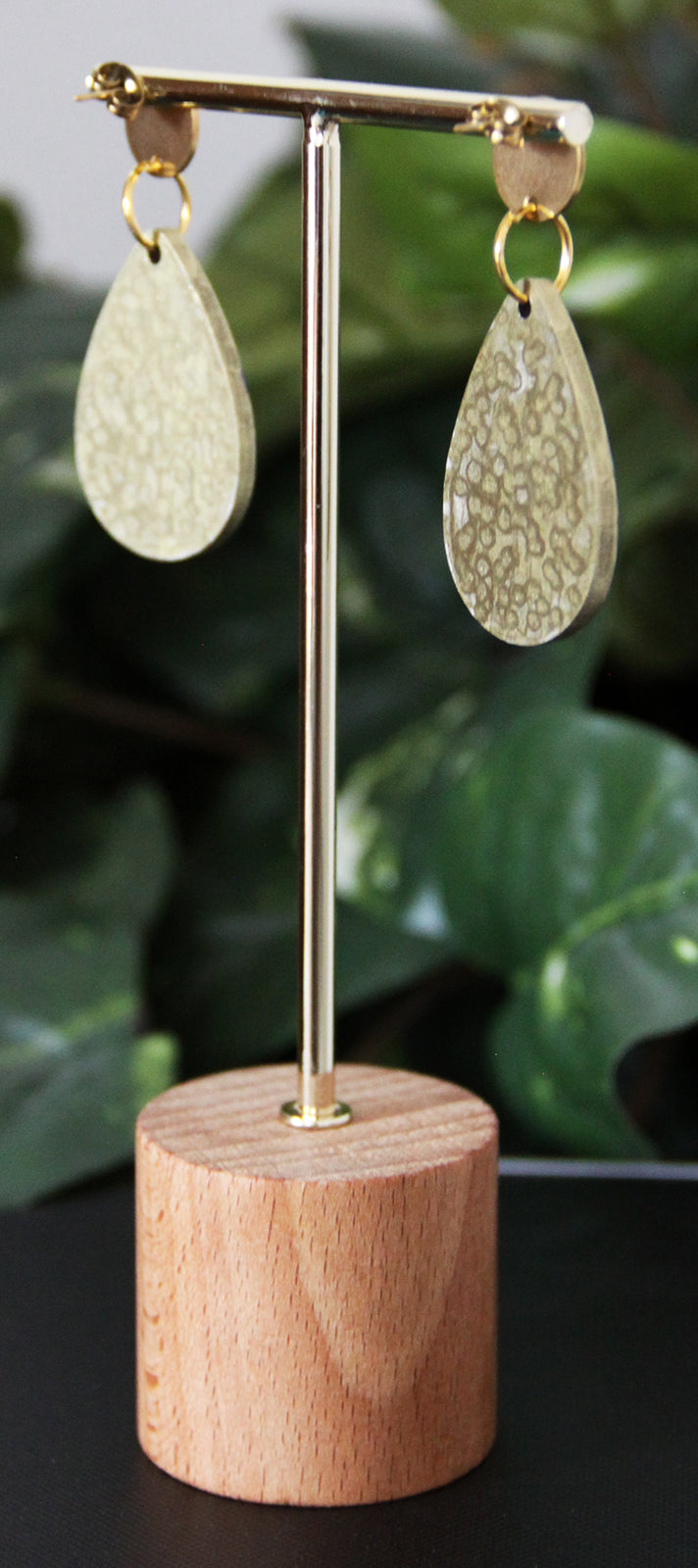 Gold with Purple and Red Linear Design Small Teardrop Earrings