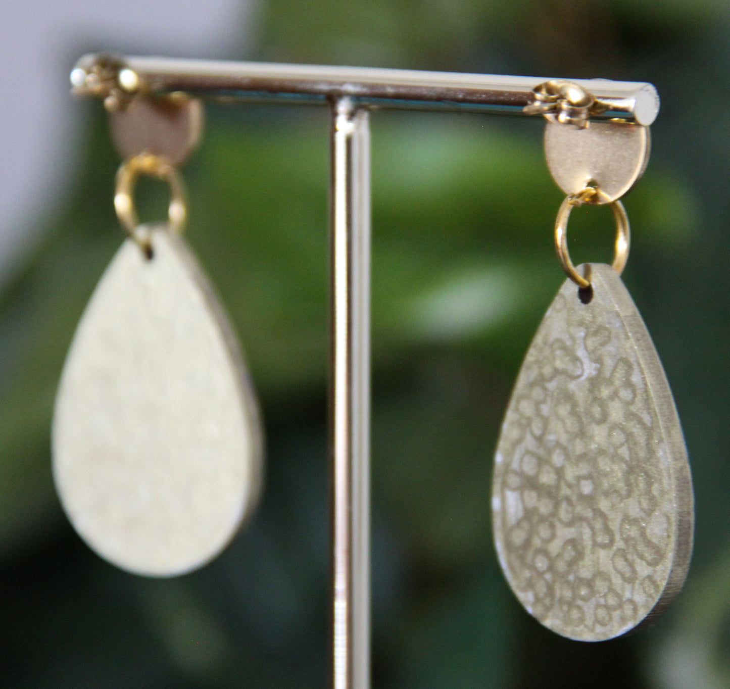 Gold with Purple and Red Linear Design Small Teardrop Earrings