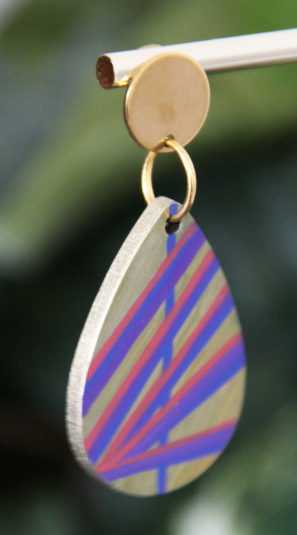 Gold with Purple and Red Linear Design Small Teardrop Earrings