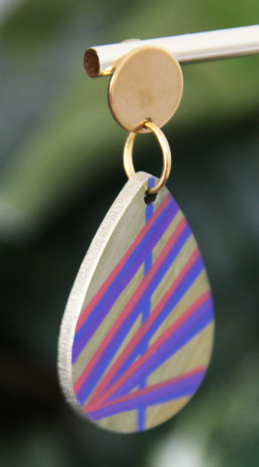 Gold with Purple and Red Linear Design Small Teardrop Earrings