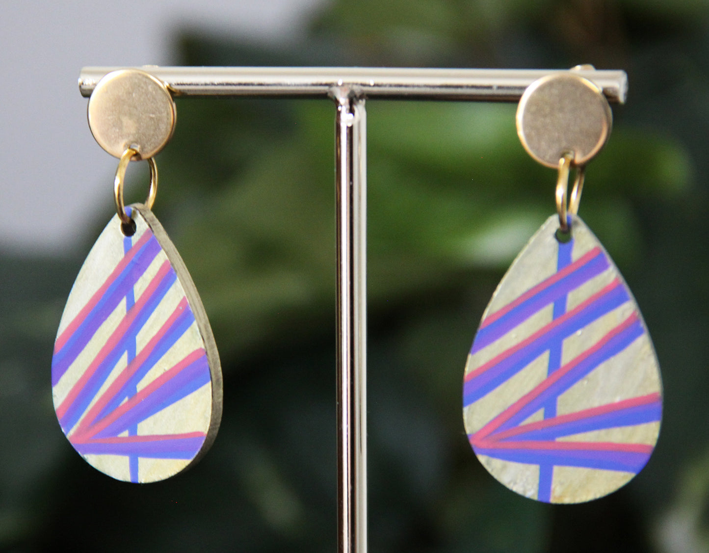 Gold with Purple and Red Linear Design Small Teardrop Earrings