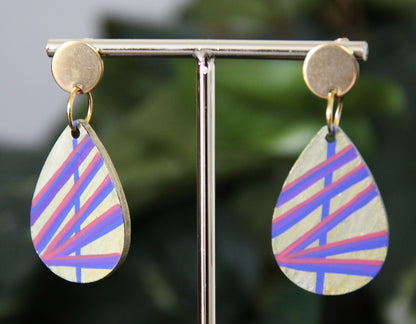 Gold with Purple and Red Linear Design Small Teardrop Earrings