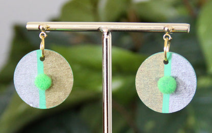 Gold, Silver and Lime Green Linear Design with Pom-pom Circular Earrings
