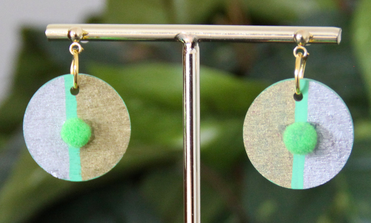 Gold, Silver and Lime Green Linear Design with Pom-pom Circular Earrings