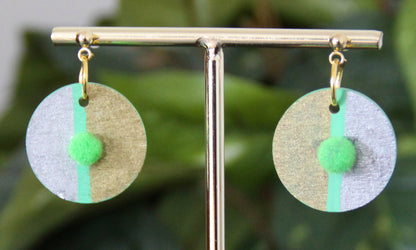 Gold, Silver and Lime Green Linear Design with Pom-pom Circular Earrings