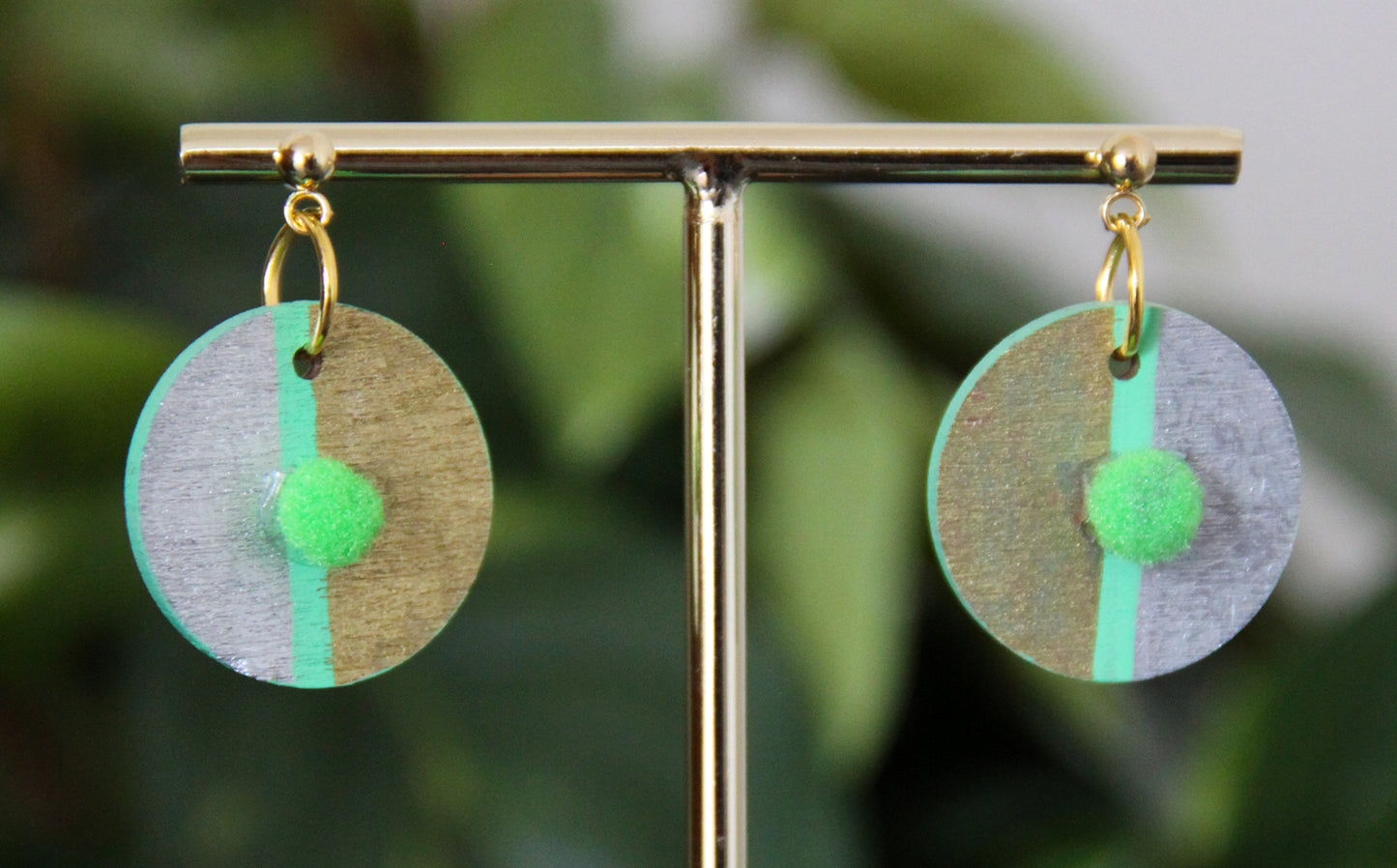 Gold, Silver and Lime Green Linear Design with Pom-pom Circular Earrings