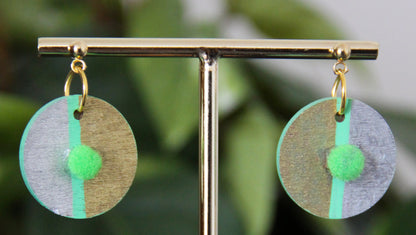 Gold, Silver and Lime Green Linear Design with Pom-pom Circular Earrings