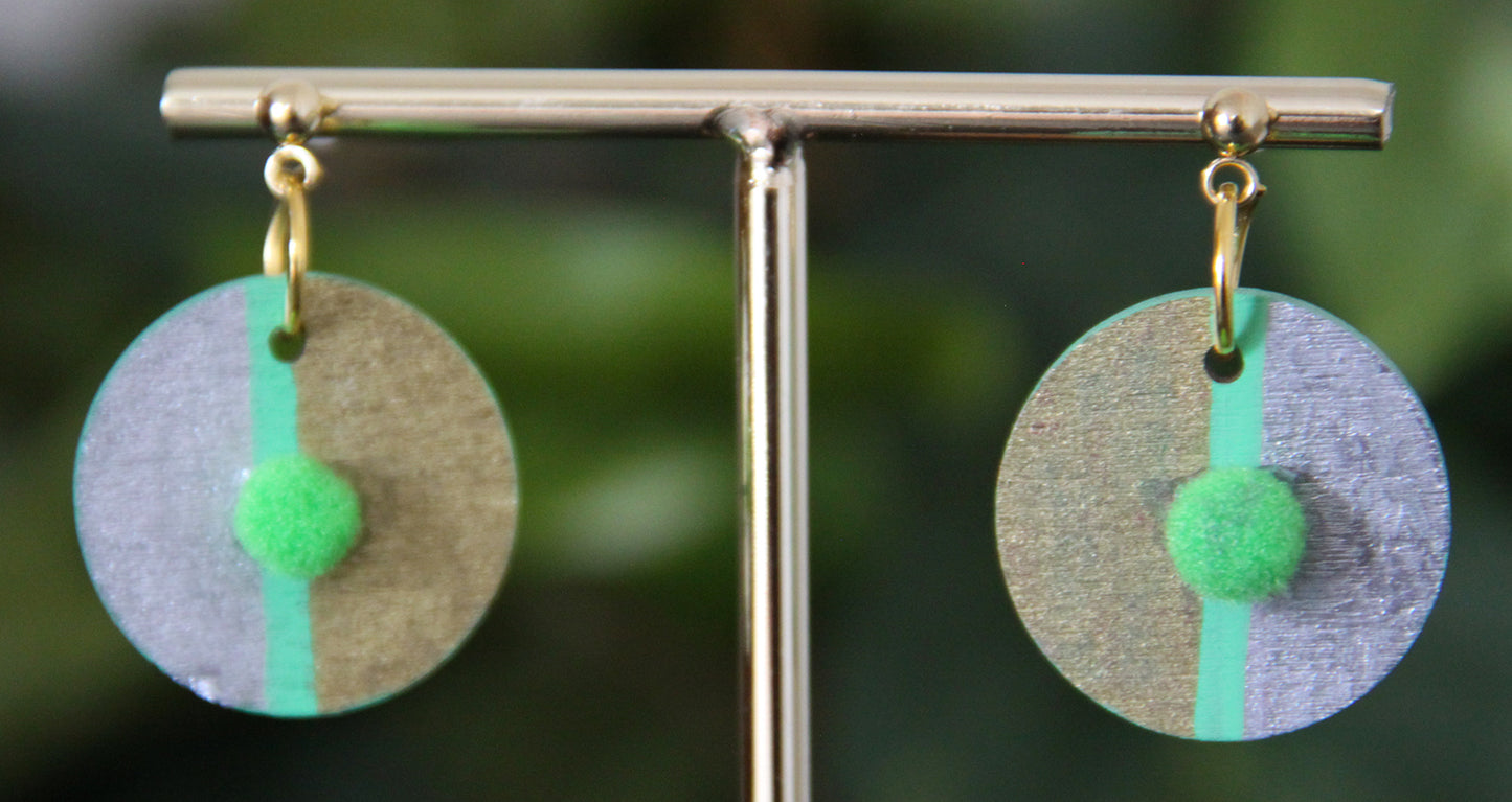 Gold, Silver and Lime Green Linear Design with Pom-pom Circular Earrings