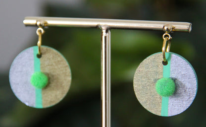 Gold, Silver and Lime Green Linear Design with Pom-pom Circular Earrings