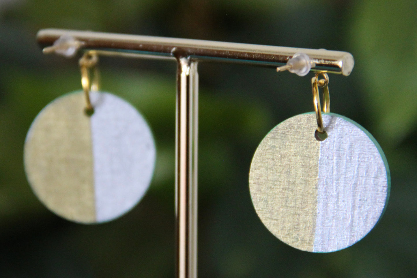 Gold, Silver and Lime Green Linear Design with Pom-pom Circular Earrings